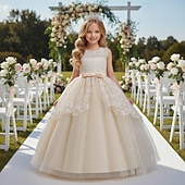 baratos Vestidos de Menina das Flores-Vestido para Meninas das Flores Para Meninas Vestido formal Traje de casamento Festa Casamento Formal Moda Adorável Formal Patchwork Com Transparência Floral Princesa Sem Manga Gola Redonda Azul