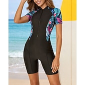 billiga One Pieces Rash Guards-Dam Rash-guards Baddräkt One Pieces Blommig Dragkedja UV-skydd Elastisk Kortärmad Badkläder Baddräkt Surfing Dykning Simmning Sommar