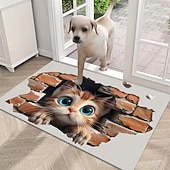 abordables Felpudo-Felpudo con ilusión 3D de gatito, impresión 2D de un gato asomándose a través de una pared de ladrillos para una entrada divertida y original, perfecta para los amantes de los gatos.