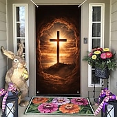 cheap Holiday Tapestries-Easter Door Cover with Majestic Cross at Sunrise in Tomb Cave, Christian Religious Decor for Easter Worship, Perfect for Holy Week and Spring Home Accent
