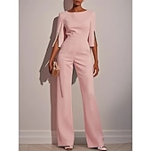 abordables monos formales-Mujer Normal Mono Elegante Color sólido Media Manga Perneras anchas Escote Redondo Alta cintura Oficina Trabajo Ajuste regular Negro Blanco Rosa Verano