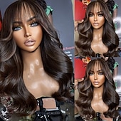 economico Parrucche lace front capelli veri-Capelli umani 5x5 Chiusura 13x4 Fronte in Pizzo Parrucca Riga Libera Con Frangia Capelli brasiliani Ondulato Marrone Scuro Parrucca 150% 180% Densità dei capelli con Capelli di Bambino Attaccatura