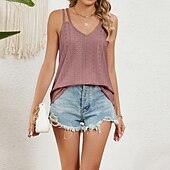 preiswerte Einfacher Tank-Damen Textur Bluse Oberteil mit Ösen Pointelle Tee Neckholder-Top Lochmuster Einfarbig Grafik Einfach Mode Klassisch Lässig Ärmellos V Ausschnitt Normale Oberteile Lässig Täglich Strand Weiß Rosa