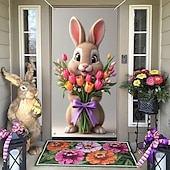 halpa Ovenpeitteet-Pääsiäispupun ovensuoja, ihastuttava pupu värikkäillä tulppaaneilla ja violetilla rusetilla, viehättävä kevätjuhlakoriste pääsiäiseen, täydellinen oven ja ulkotilojen sisustukseen
