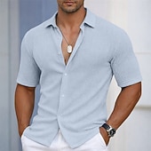 cheap Men's Smart Casual Shirts-Men's Shirt Texture Casual Shirt Button Up Shirt Light Blue Short Sleeve Plain Shirt Collar Casual Daily Hollow Out Clothing Apparel Elegant Fashion Casual