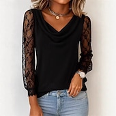 billige Kjolebluser-Dame Blondeskjøtetopp Sommertopper Bluse Dressy topper Rynket Blonde Lapper عادي Elegant Årgang damer Langermet Cowl-hals Vanlige topper Daglig Arbeid Ferie Svart Hvit Rosa Rød Marineblå Sommer Vår