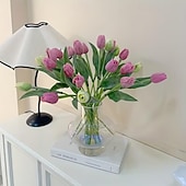 お買い得  人工植物と造花-人工チューリップ20個 - リアルなピンク、黄色、白、オレンジのフェイクチューリップ。サイズは15.35インチ。プラスチック製。自宅、オフィス、結婚式、母の日、イースター、クリスマスに最適です。