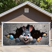 billiga Semestertapeter-Påskgarageportsskydd 157,48 x 70,87 tum söt kanin som bryter igenom väggen färgglada ägg rolig påskdekor utomhusgarage vårfest familjefest bakgrundsscen