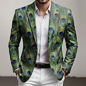 baratos Blazers Impressos Masculinos-Homens Penas Jaqueta Blazer Casaco Confortável Respirável Artistíco Casual Diário Traje de festa para noite Impressão 3D Botões Bolso multi Outono &amp; inverno Primavera Entalhe Manga Longa Roxo Verde