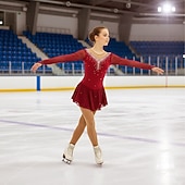 cheap Figure Skating Dresses-Red Rhinestone Figure Skating Dress for Women &amp; Girls – Long Sleeve Mesh Competition Costume with V Open Back and Flowy Asymmetrical Skirt