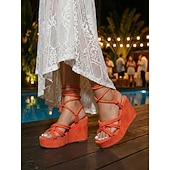 abordables Femmes-sandales à plateforme à lacets en corde orange pour femmes – talons compensés bohèmes pour la plage d'été et les festivals