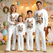 cheap Easter Family Matching Outfits-Family Easter Pajamas Graphic Bunny Casual Print Blue Black White Long Sleeve Vacation Matching Outfits