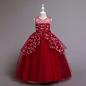 baratos Vestidos de Menina das Flores-Vestido para Meninas das Flores Para Meninas Vestido formal Traje de casamento Festa Casamento Formal Moda Adorável Formal Patchwork Com Transparência Floral Princesa Sem Manga Gola Redonda Azul