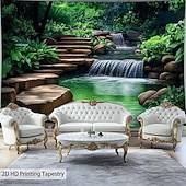 cheap Wall Tapestries-Aesthetic Zen Jungle Cave Tapestry 3D Waterfall Forest Sunlight Wall Decor Serene Nature Landscape Hanging for Yoga Studio Meditation Room