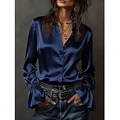  Dames Blouse Knop Effen Kleur Elegant Stijlvol Basic Lange mouw Overhemdkraag Normale tops Dagelijks Werk Wit Champagne Marineblauw Bruin Lente Herfst Winter