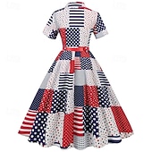 baratos Vestidos-250º Aniversário EUA Anos 50 Retro Vintage Meio-dia Vestidos Vestido swing Vestido Flare Mangas curtas Linha A Fantasia Mulheres 4 de julho Dia da Independência Adulto Vestido Primavera Verão