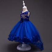 abordables Robes de Fille de Fleurs-Robe de Demoiselle d'Honneur Fille Fille Robe de soirée Tenue de mariage Soirée Mariage Formel Élégant Mode Beau Maille Fleuri Sans manches Col Rond Gris bleu marine 4 ans et +