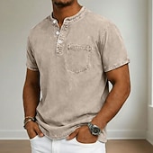 economico magliette di base-Per uomo Maglietta Maglia Henley Camicia 100% cotone lavaggio acido Manica Corta Collo alla coreana Henley Estate Primavera Autunno Semplice Vintage Streetwear Casual Lavato Manica corta Casuale Casa