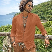 billiga Semester-herrskjorta linneskjorta sommarskjorta vardagskjorta bohemskjorta enfärgad vardaglig blå svart vit rosa långärmad mandarinkrage sommar vår &amp;höstkläder