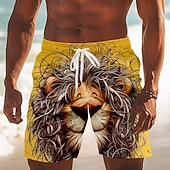baratos Animais &amp; Aves-Homens Desenho Animado Leão Engraçado Calção Justo de Natação Shorts de Natação Bermuda de Surf Cintura Média Havaiana férias na praia Bolsos laterais Forro de malha Cintura elástica com cordão
