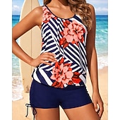 preiswerte Surfen Tankinis &amp; Bikinis-Damen Geraffter Tankini 2 Teile Tropisch UV Schutz Elastisch Ärmellos Bademode Surfen Strand Schwimmen Sommer