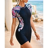 preiswerte One Pieces Rash Guards-Damen Mittel Anti UV Shirt Badeanzug 3 Teile Blumenmuster Bedruckt Reißverschluss Boyleg UV Schutz Schnelltrocknend Elastisch Kurzarm Bademode Badeanzug Surfen Strand Schwimmen Sommer