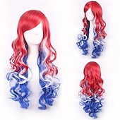  Perucas Longas e Onduladas para Mulheres Peruca da Bandeira Americana Fantasia do 4 de Julho Perucas Vermelha Branca e Azul