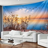 economico Arazzi da parete-Arazzo da parete con tramonto sulla spiaggia tropicale, paesaggio marino con palme e rocce, decorazione murale naturale per camera da letto, sala yoga, spazio per la meditazione