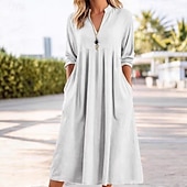 tanie Sukienki-Damskie Sukienka midi Sztuczna bawełna len Sukienka trapezowa Codzienne sukienki Elegancja Zabytkowe Moda Codzienny Urlop Wyjściowe Luźna Równina Długi rękaw W serek Niebieski Biały Rumiany r