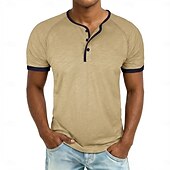 baratos Camiseta Henley Casual-Homens Camisa Henley Camisetas Camiseta 100% algodão Manga Curta Côr Sólida Tecido Cor Única Moda Designer Casual Bloco de cor Botões Henley Casual Diário Ao ar livre Primavera Verão Verão Primavera