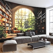 billige Veggoppheng-3D-bibliotekteppe veggteppe vintage bokhyllemønster stor stoffveggkunst buet vindu skogutsikt romdekor til stue/studie