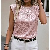  نسائي بقعة تي شيرت بلايز لون الصلبة الرسم جلد نمر أنيق كم قصير كاب رقبة عالية مدورة قمصان عادية مناسب للبس اليومي مناسب للخارج أسود أبيض وردي بلاشيهغ أزرق البحرية الصيف الربيع