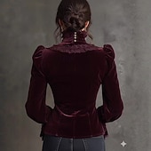 preiswerte Schicke Blusen-Damen Hemd Samt Bluse Knöpfe Einfach Vintage Stilvoll Basic Langarm Hoher Ausschnitt Normale Oberteile Täglich Ferien Ausgehen Rote Frühling Herbst