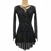 baratos Vestidos de Patinação Artística-Vestidos para Patinação Artística Mulheres Patinação no Gelo Vestidos Preto Patchwork Sem costas Com Stretch Treino Competição Roupa para Patinação Clássico Cristal / Strass Manga Longa Patinação no
