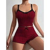 abordables Hauts et bas de nuit pour femmes-Femmes Ensemble Pyjama Occasionnel Confort Couleur Unie Dentelle Taille Élastique Shorts Quotidien Maison Sans manches Bretelles Bleu Blanche Rose Claire Vin Gris Été Printemps Coupe régulière