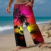 halpa Miesten painetut vapaa-ajan housut-Miesten Kookospuu Auringonlasku Trooppiset kasvit Housut Rennot housut Roikkuvat housut Keskivyötärö Havaijilainen ulko- Loma Ranta-asut Joustava kiristysnyöri vyötäröllä Pellavamaiset housut