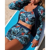 baratos Rash Guards de Uma Peça-Mulheres Anti Atrito Roupa de banho Tankini Tropical Zip Up Lateral franzida Proteção UV Elástico Manga Longa Roupa de Banho roupa de banho Surfe Mergulho Natação Verão