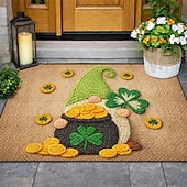 abordables Felpudo-St Patrick's Day Doormat 2D Flat Print Design Featuring Gnome with Pot of Gold and Shamrocks on Sparkling Green Background