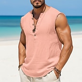 Недорогие Хлопковые Льняные Футболки-Муж. Рубашка Хенли Безрукавка Без рукавов Хенли Лето Полотняное плетение Мода Оригинальный рисунок Богемные Пуговицы Повседневные Отпуск На выход Светло-синий Черный Белый Футболка для мужчин
