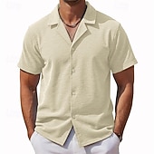 お買い得  メンズスマートカジュアルシャツ-男性用 シャツ カジュアルシャツ ボタンアップシャツ バーガンディー アプリコット コーヒー 半袖 平織り キューバンカラー カジュアル 日常 衣類 エレガント ファッション カジュアル