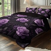 abordables Juegos de funda nórdica-Juego de funda nórdica con estampado de flores y mariposas de rosas moradas, juego de cama estilo hotel con 1 funda nórdica y 2 fundas de almohada, tela de felpa suave, no incluye edredón.