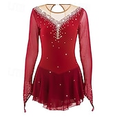 cheap Figure Skating Dresses-Red Rhinestone Figure Skating Dress for Women &amp; Girls – Long Sleeve Mesh Competition Costume with V Open Back and Flowy Asymmetrical Skirt