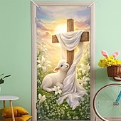 olcso Ünnepi faliszőnyegek-Húsvéti ajtótakaró báránykával a kereszten és liliomokkal, keresztény vallási dekoráció, tökéletes húsvétvasárnapra, tavaszi ünnepekre és szabadtéri ünnepségekre
