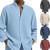 cheap Men's Button Up Shirts-Men's Shirt Waffle Shirt Casual Shirt Button Up Shirt Blue Black White Wine Navy Blue Long Sleeve Plain Lapel Casual Daily Clothing Apparel Fashion Streetwear