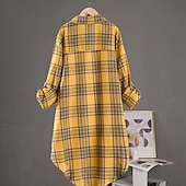 זול חולצות וחולצות-בגדי ריקוד נשים חולצה חולצות פשתן מכותנה כפתורים משובץ אלגנטית וינטאג' מסוגנן שרוול ארוך צווארון חולצה חולצות ארוכות יומי חגים ליציאה צהוב אודם תלתן קיץ אביב סתיו