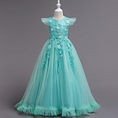 abordables Robes de Fille de Fleurs-Robe de Demoiselle d'Honneur Fille Fille Robe de soirée Tenue de mariage Soirée Mariage Formel Mode Princesse Beau Maille Couleur Unie Sans manches Col Rond Bleu Jaune 4 ans et +