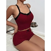 abordables Hauts et bas de nuit pour femmes-Femmes Ensemble Pyjama Occasionnel Confort Couleur Unie Dentelle Taille Élastique Shorts Quotidien Maison Sans manches Bretelles Bleu Blanche Rose Claire Vin Gris Été Printemps Coupe régulière