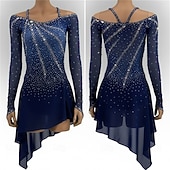 tanie Suknie do łyżwiarstwa figurowego-Sukienka łyżwiarska Damskie Bruslení Sukienka Granatowy Niejednolita całość Asymetryczne obszycie Elastyczny Szkolenie Zawody Odzież łyżwiarska Klasyczny Kryształ / Kryształ górski Długi rękaw