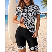 preiswerte One Pieces Rash Guards-Damen Anti UV Shirt Badeanzug 2 Teile Bedruckt Oberschenkelmitte UV Schutz Schnelltrocknend Elastisch Kurzarm Bademode Badeanzug Surfen Strand Schwimmen Sommer