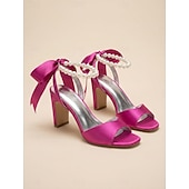 tanie Panna młoda-Damskie fioletowe satynowe szpilki ślubne z perłowym paskiem wokół kostki i kokardką, eleganckie sandały ślubne z odkrytymi palcami dla panien młodych, luksusowe buty na wysokim obcasie do ceremonii